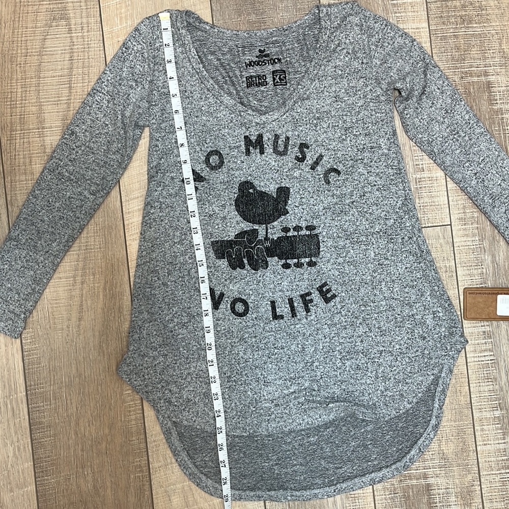 NWT Woodstock Retro Brand Long Sleeve Gray Marled Sweater No Music No Life Sz XS - Picture 10 of 12